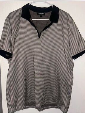 Express Men's Black and Cream Micro-Pattern Polo